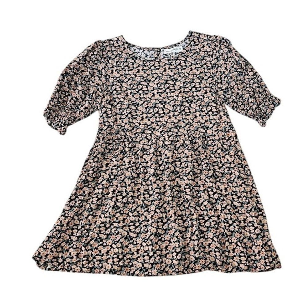 Natural Life Babydoll Mini Dress Women Medium Black Pink Floral Puff Sleeve